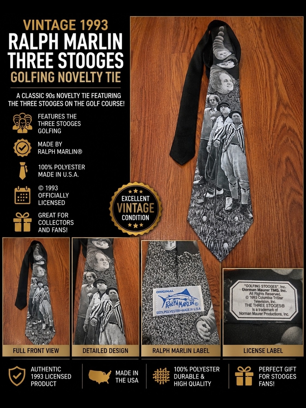 Ralph Marlin Black and Gray Three Stooges Golfing Novelty Tie
